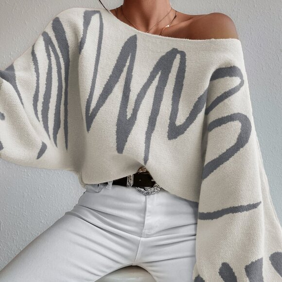 Sweaters - Multicolor Casual Women's Graphic Pattern Lantern Sleeve Sweater